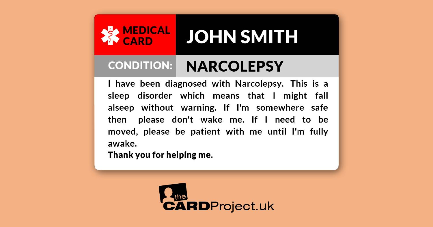 Narcolepsy Awareness Medical ID Alert Card, Sleep Disorder Cataplexy.  (FRONT)